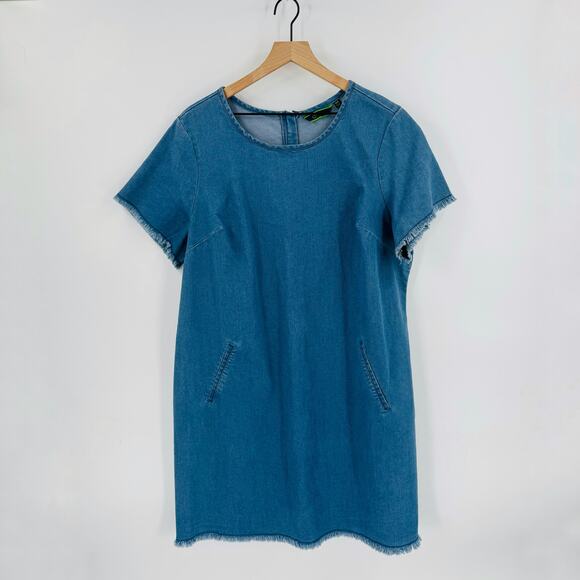 C. Wonder Denim Shift Dress Blue Short Sleeve Frayed Hem Stretch Size 18W - Picture 1 of 6